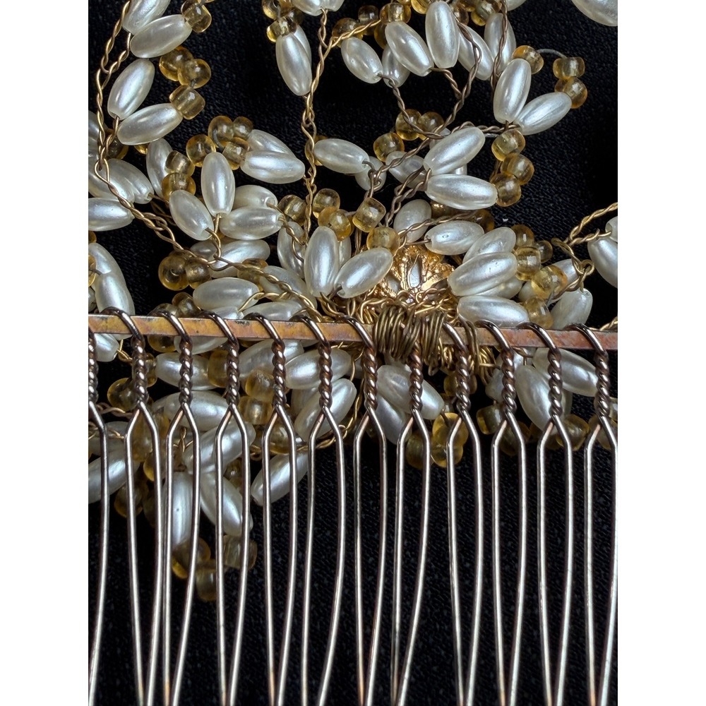 Vintage Pearl and Amber Bead Floral Metal Hair Comb Bridal Wedding Accessory - Picture 7 of 11